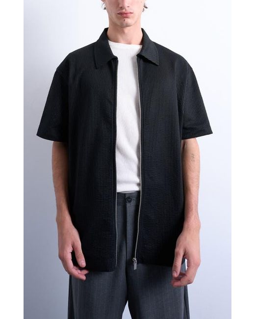 Topman Black Seersucker Zip-Up Shirt for men