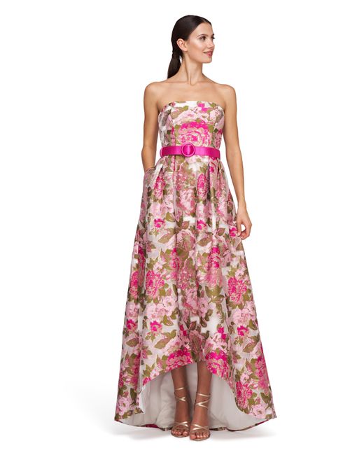 Kay Unger Red Bella Floral Jacquard Metallic Belted High-low Gown