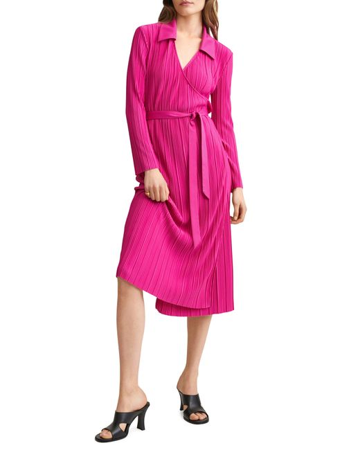 Mango Pink Pleated Long Sleeve Wrap Dress