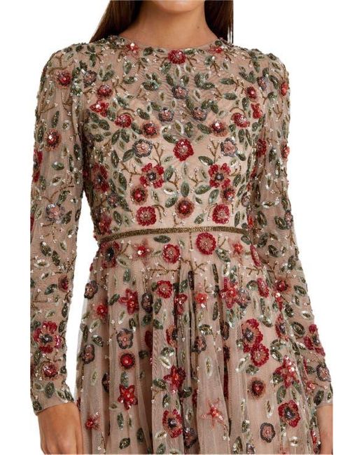 Mac Duggal Natural Floral Appliqué Long Sleeve Illusion Gown