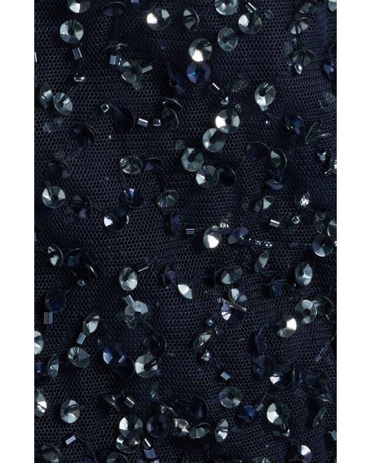 Pisarro Nights Blue Beaded Sequin Embellished Mesh Column Gown With Jacket