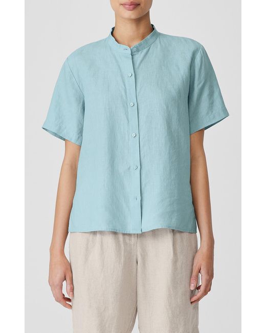 Eileen Fisher Blue Band Collar Short Sleeve Organic Linen Button-up Shirt