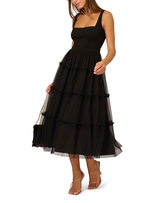 Adrianna Papell Black Mesh Overlay Tiered Midi Cocktail Dress