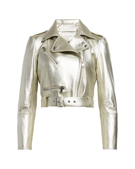 Alexander McQueen White Crop Metallic Leather Moto Jacket