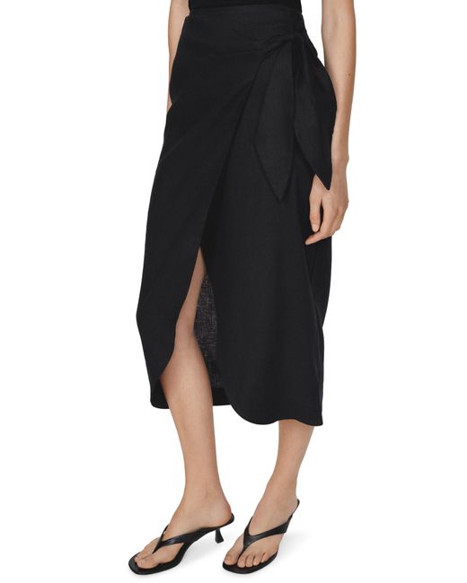 Mango Black Wrap Front Linen Midi Skirt