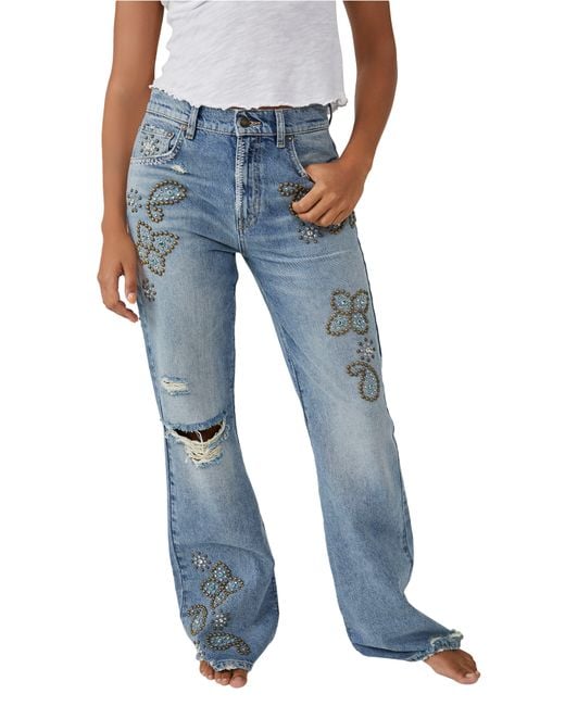 Free People Blue We The Free Wiley Beaded Ripped Bootcut Jeans