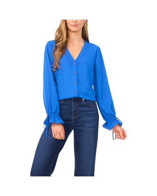 Cece Blue Tie Cuff Button-Up Top