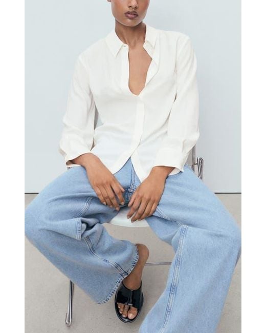 Mango White Print Button-Up Shirt