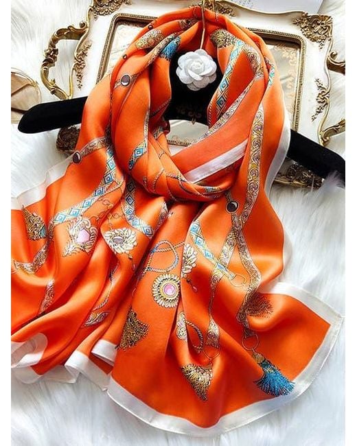 SILKSILKY Silk Printed Rectangular Long Stole Scarf in Orange | Lyst