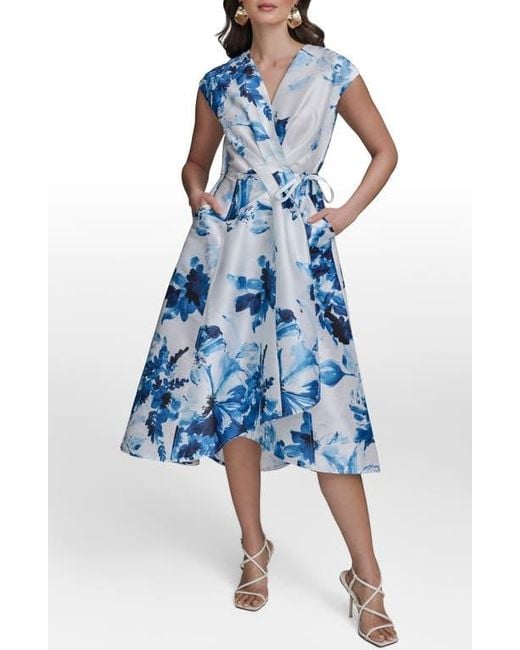 Donna Karan Blue Floral Wrap Cocktail Dress