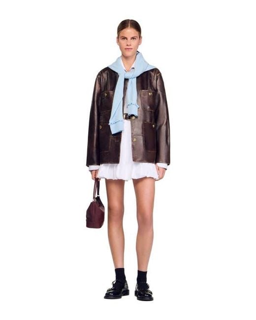 Sandro Red Long Distressed Leather Jacket