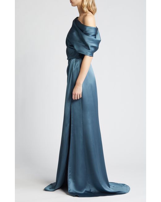 Amsale Blue Gathered One-shoulder Satin Gown