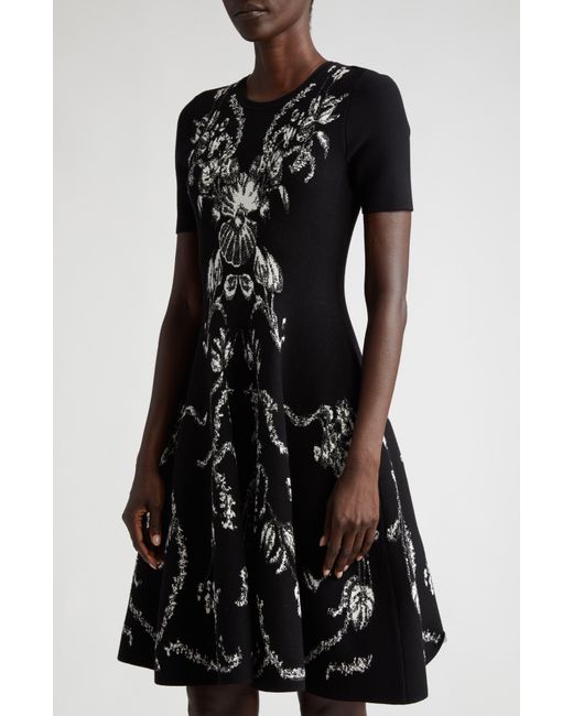 Jason Wu Black Floral Jacquard Fit & Flare Knit Dress