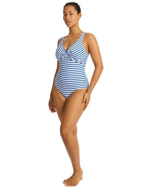 Sea Level Blue Stripe Cross Front Multifit One-Piece Swimsuit