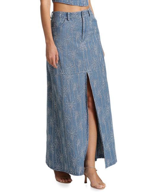 Avec Les Filles Blue Floral Embroidered Slit Denim Maxi Skirt