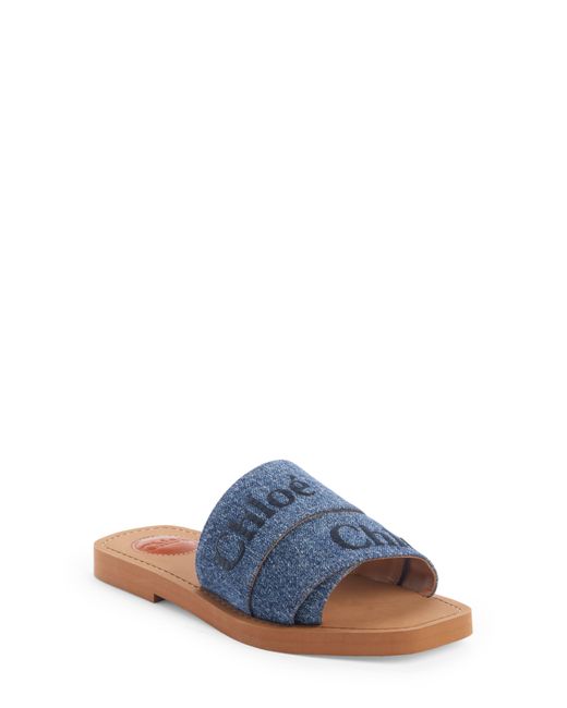 Chloé Woody Logo Denim Slide Sandal in Blue | Lyst