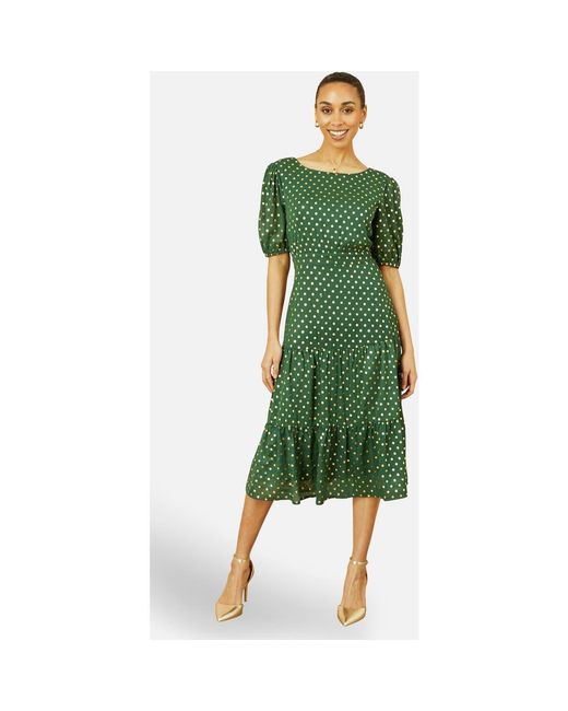 Yumi' Green Foil Spot Midi Dress With Scoop Back