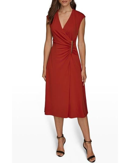 Donna Karan Red Faux Wrap Jersey Midi Dress