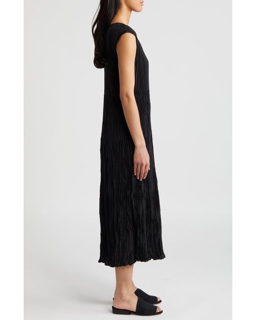 Eileen Fisher Black Pleated Tiered Silk Midi Dress