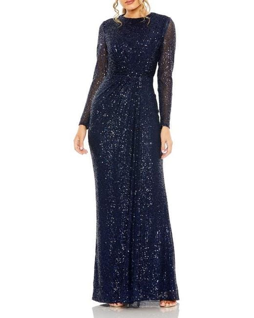 Mac Duggal Blue Sequined Long Sleeve Side Knot Gown