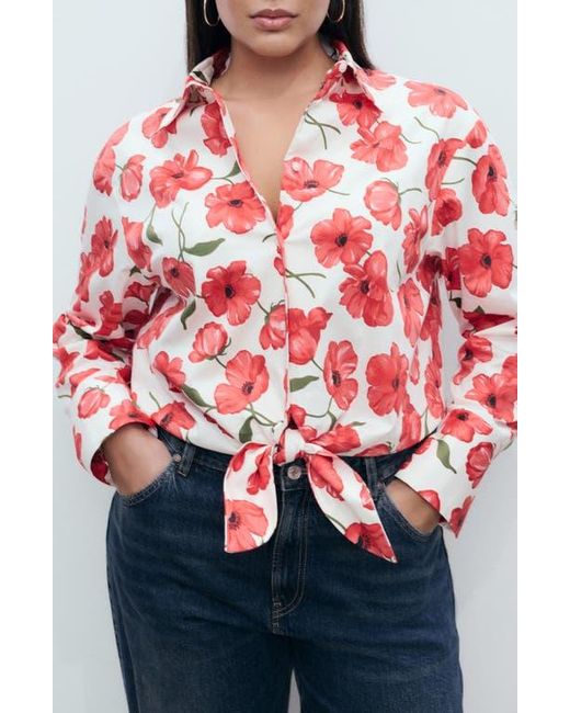 Mango Red Floral Print Cropped Button-Up Shirt