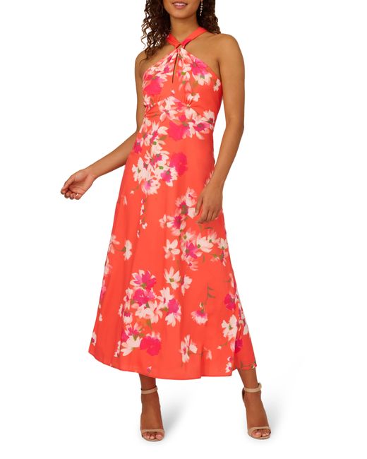 Adrianna Papell Red Floral Halter Neck Chiffon Dress
