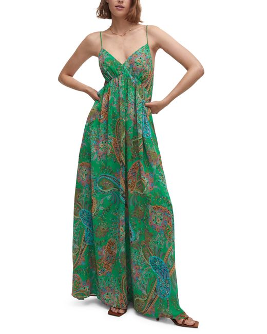 Mango Green Print Open Back Pleated Dress