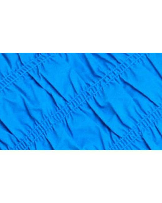 English Factory Blue Asymmetric Shirred Puff Sleeve Top