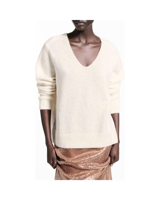 Mango Natural Sequin V-Neck Sweater