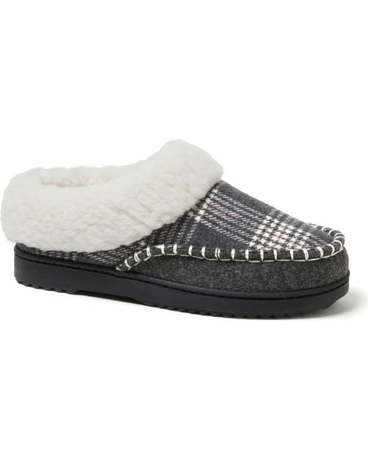 Dearfoams Black Nyla Felted Plaid Moccasin Toe Clog Slipper