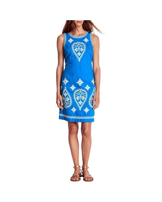 Boden Embroidered Sleeveless Linen & Cotton Shift Dress in Blue