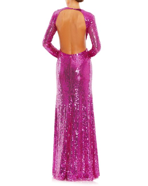Mac Duggal Purple Sequin Open Back Long Sleeve Column Gown