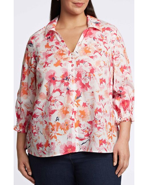 Foxcroft Red Alexis Floral Smocked Sleeve Cotton Popover Top