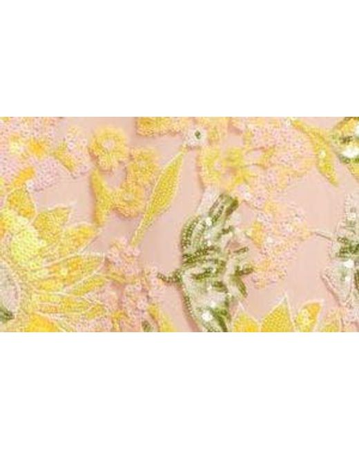 Lela Rose Metallic Sequin Embroidered Flutter Sleeve Column Gown