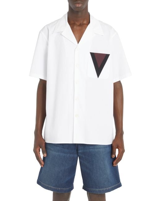Valentino White Logo Patch Cotton Poplin Camp Shirt for men
