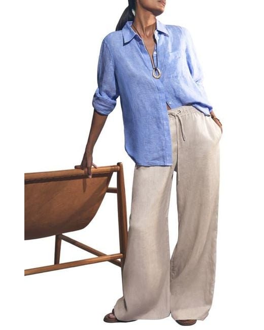 Reiss Blue Willow Wide Leg Linen Blend Drawstring Pants