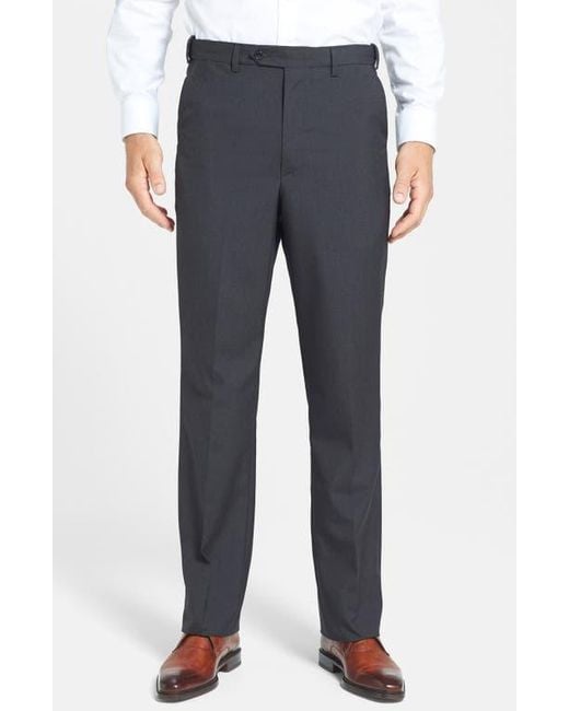 Berle Blue Self Sizer Waist Plain Weave Flat Front Washable Trousers for men