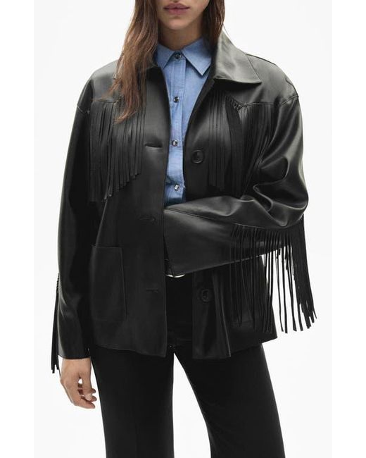 Mango Black Fringe Trim Faux Leather Jacket