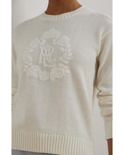 Ralph Lauren Floral Logo Combed Cotton Sweater in White | Lyst