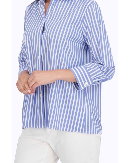 Foxcroft Blue Sandra Stripe Cotton Blend Button-up Shirt