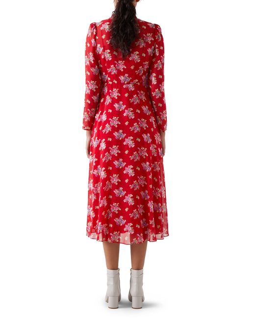 L.K.Bennett Red Keira Floral Print Long Sleeve Silk Midi Dress