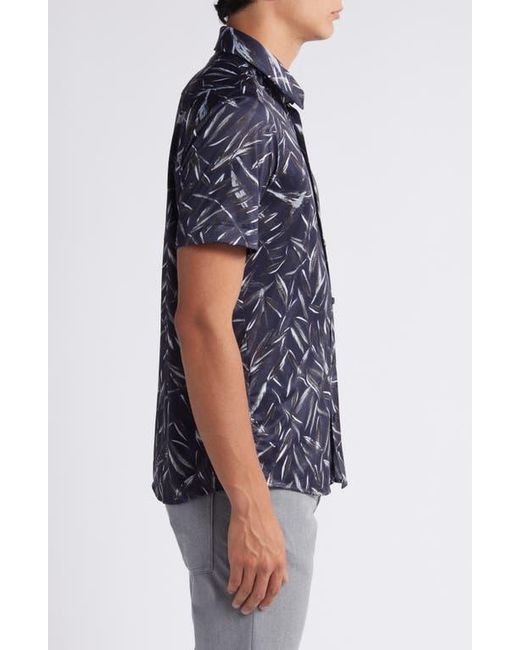 Boss Blue Roan Slim Fit Leaf Print Short Sleeve Stretch Button-Up Shirt for men