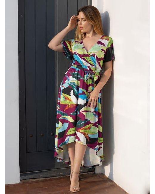 24seven Comfort Apparel White Colorful Floral V-Neck Belted High Low Faux Wrap Dress