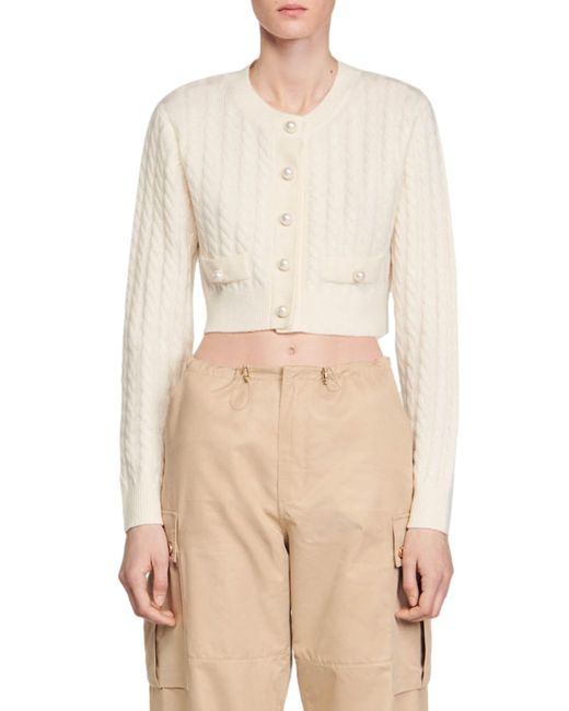 Sandro Natural Elina Cable Stitch Wool Blend Crop Cardigan