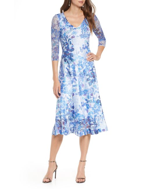 Komarov Blue Floral Print Charmeuse & Chiffon Dress