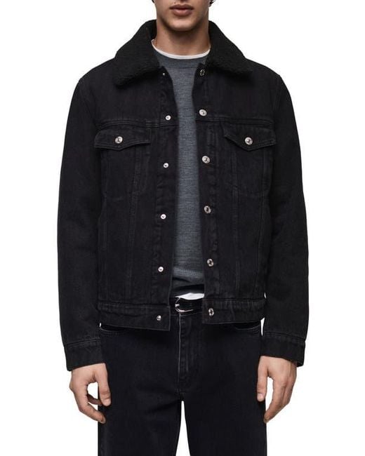 Mango Black Faux Shearling Lined Denim Jacket for men