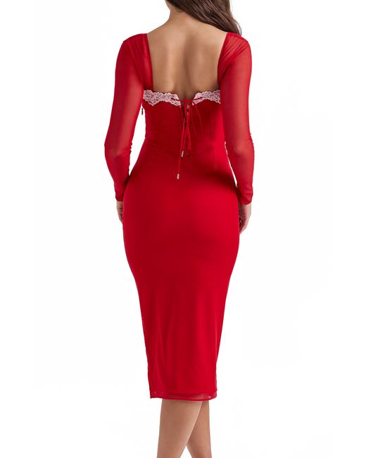 House Of Cb Red Seraphina Corset Detail Long Sleeve Dress