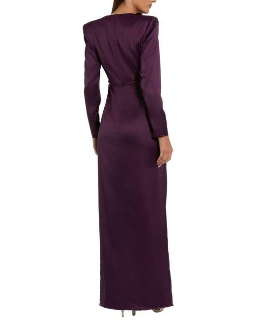 Mac Duggal Purple Long Sleeve Structured Bow Draped Column Gown