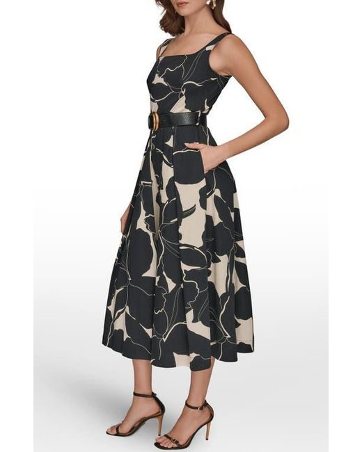 Donna Karan Belted Fit & Flare Midi Dress in Black | Lyst