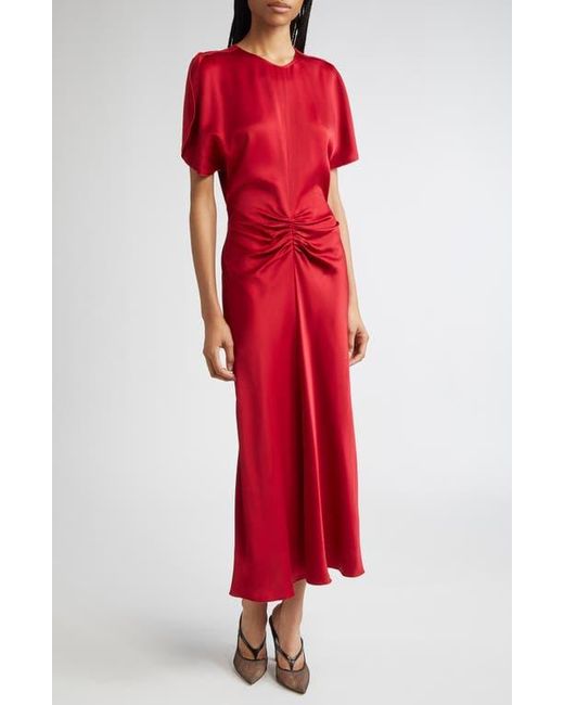 Victoria Beckham Red Ruched Waist Midi Dress